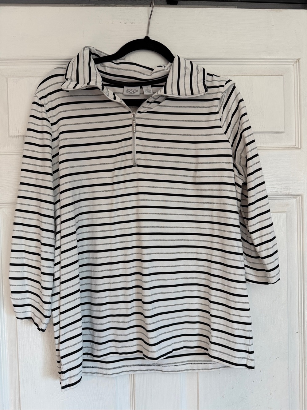Quarter-Zip Striped Long Sleeve Top in Black & White
